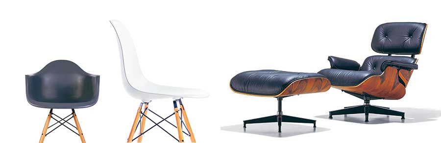 (ซ้ายและกลาง) Eames Molded Plastic Chair (Photo: vitra.com) (ขวา) Eames Lounge Chair + Ottoman จากปี ค.ศ. 1956 (Photo: hermanmiller.com)
